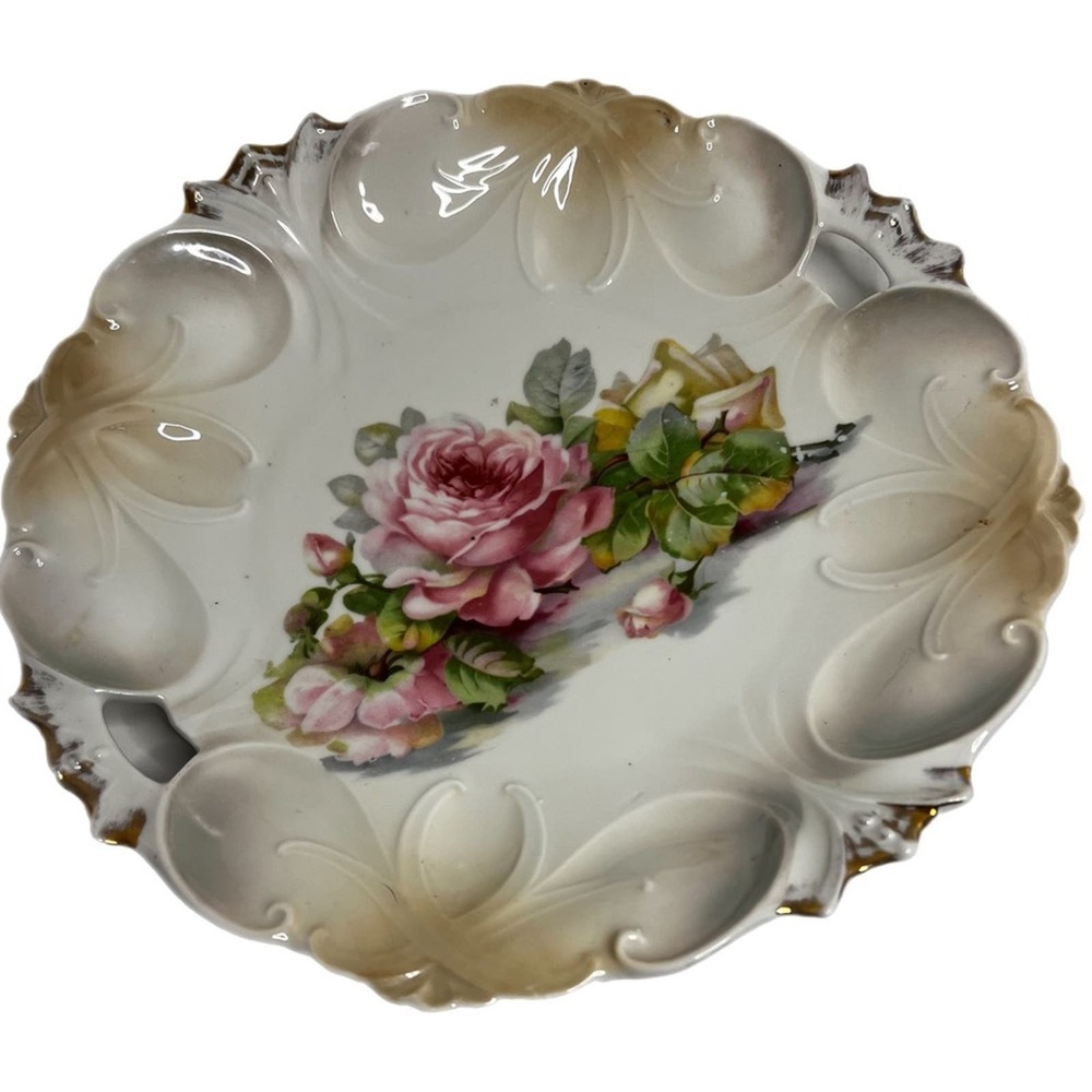 Vintage Limoges Pink Rose Round Scalloped Bowl Plate Dish Gold Gilded 10.5".
